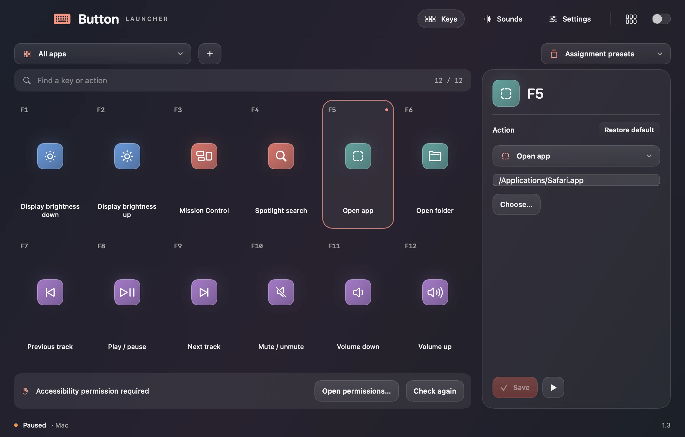 F1–F12 action assignments in the English Button Launcher interface.