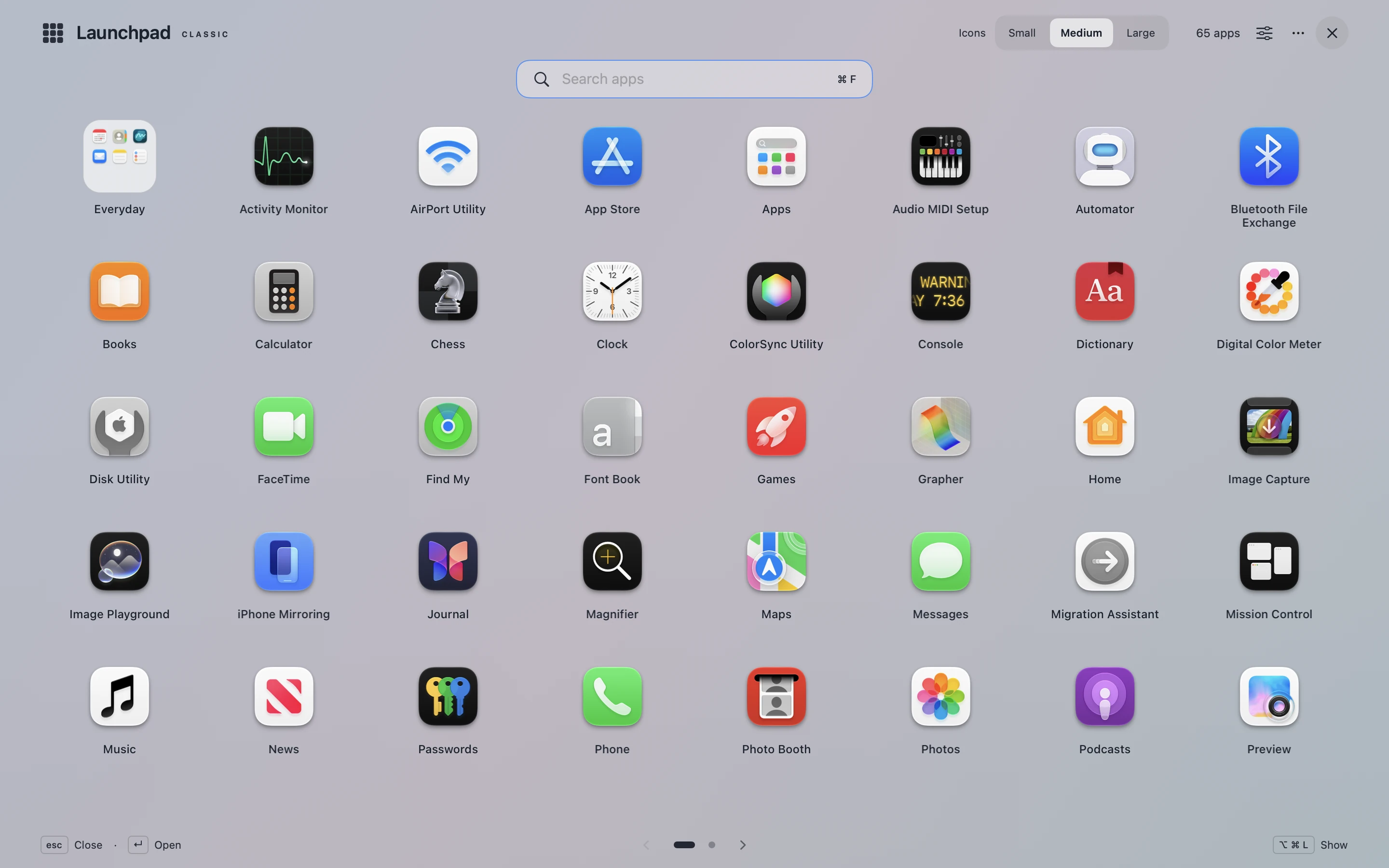 Launchpad Classic showing a grid of Mac apps in English.