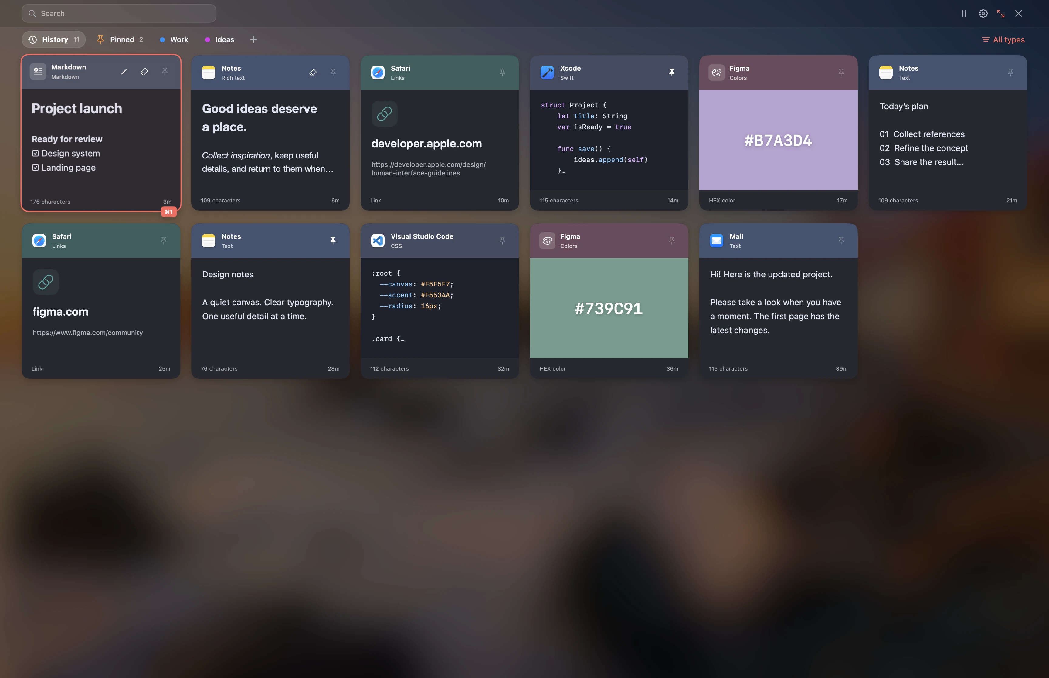 Super Paste clipboard history with English demonstration content.